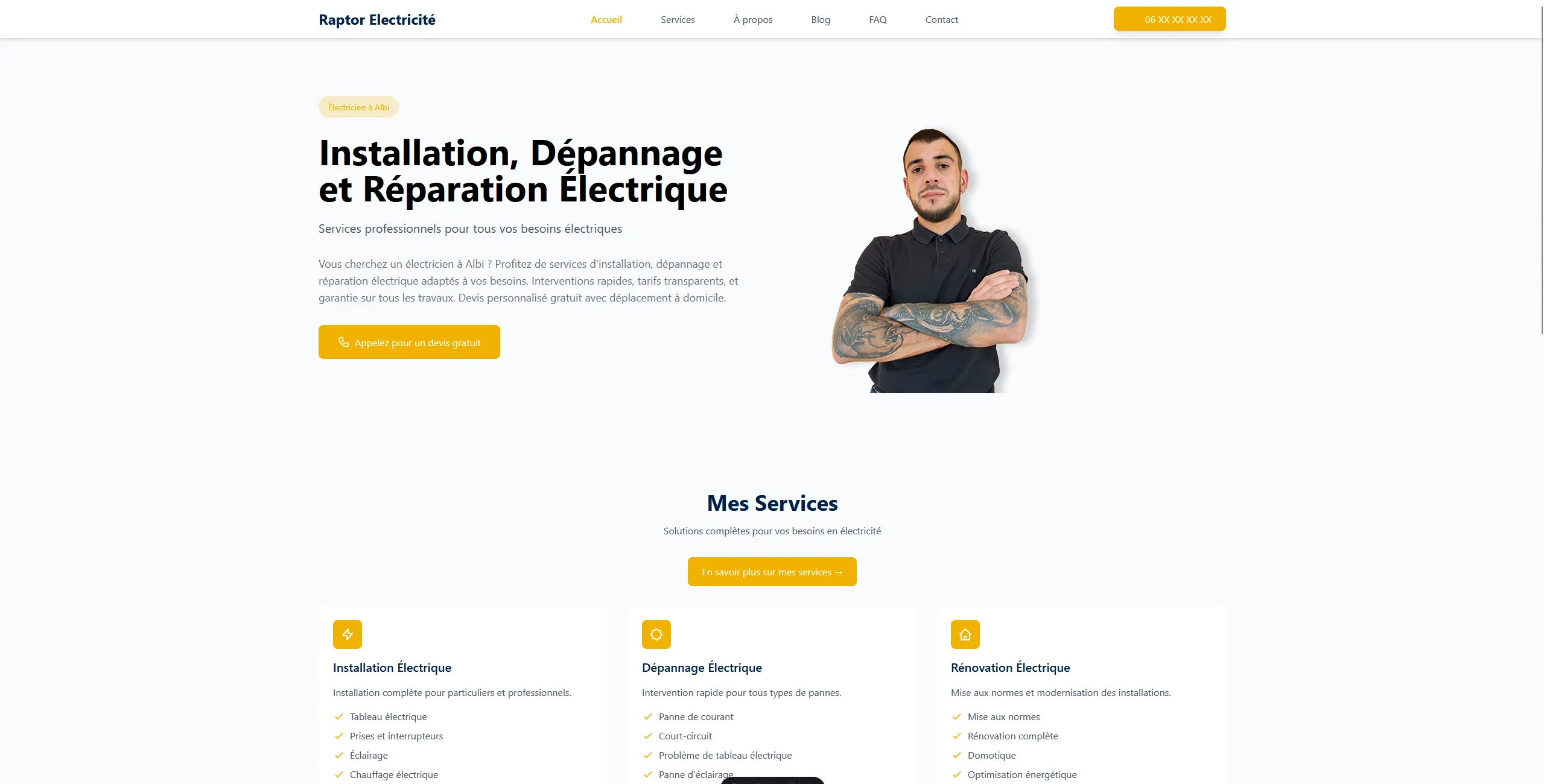 Capture d'écran qui montre la page d'accueil du site web raptor-electricite.fr